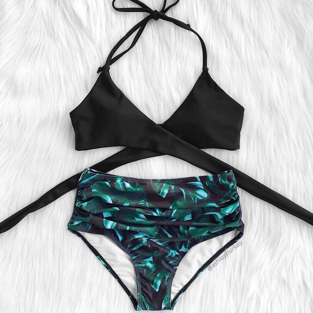 ❤️SALE❤️ Green leaf high waisted wrap bikini set